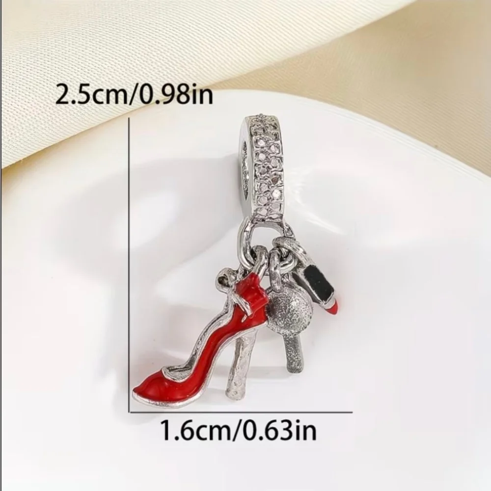 Women's Silver & Red High Heel & Lipstick Charm Bracelet - Picture 4 of 4